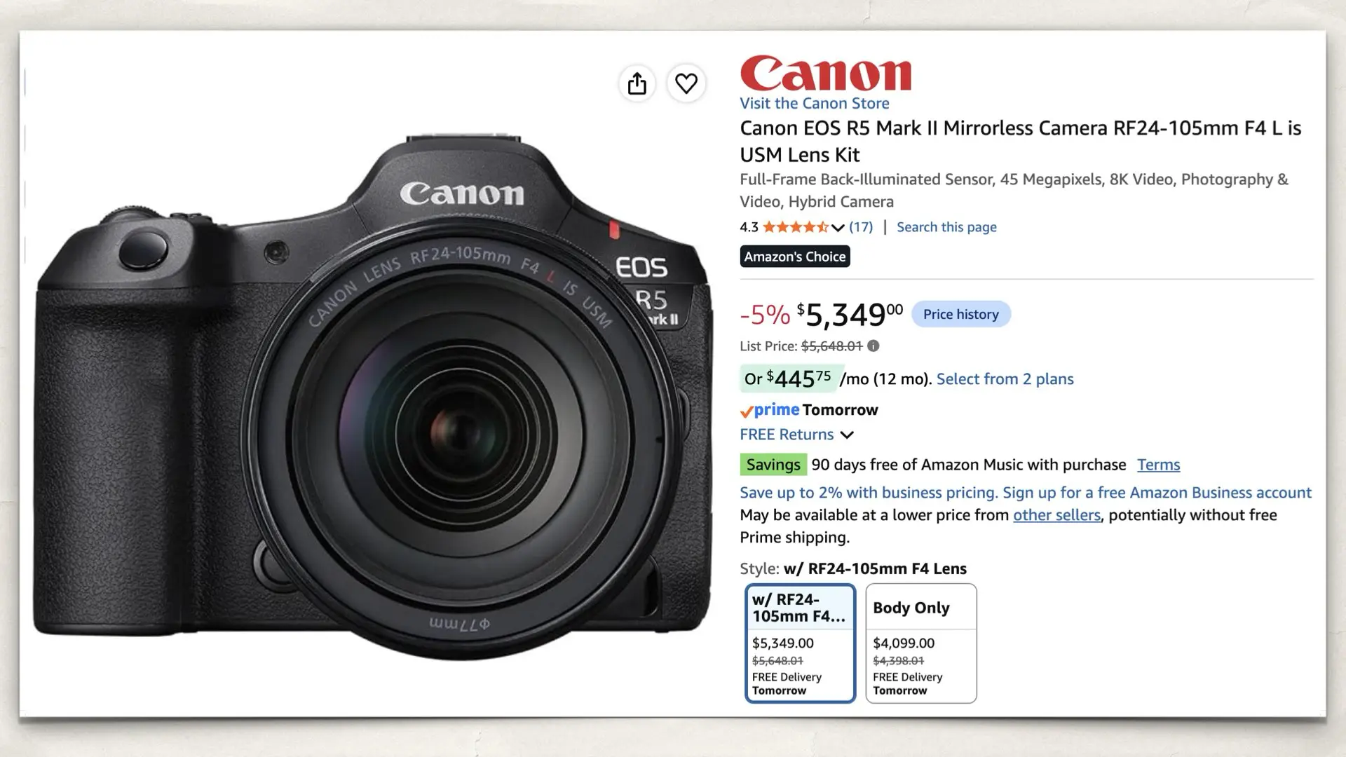 The Canon EOS R5 Mark II on Amazon
