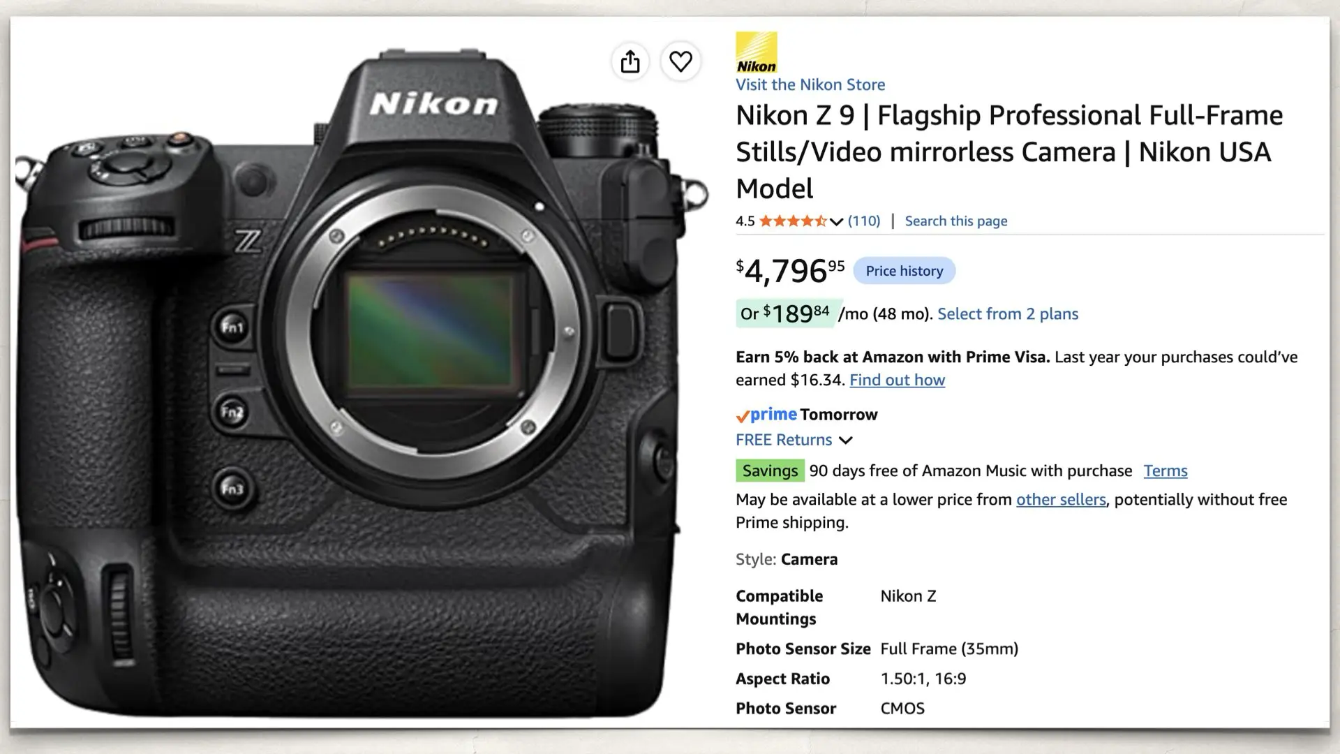 The Nikon Z 9 on Amazon