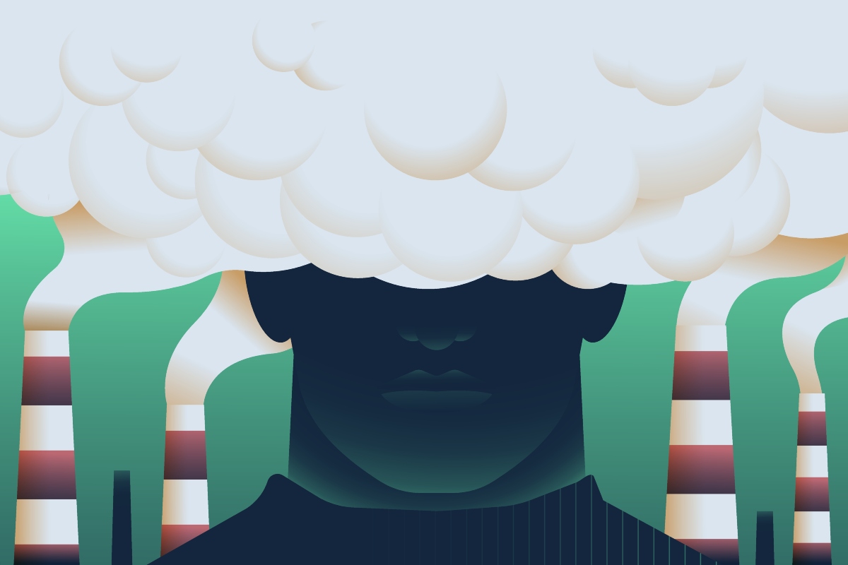 Abstract illustration of a dark silhouette of a person with their eyes obscured by a dense cloud of white smoke, surrounded by industrial chimneys emitting pollution, against a muted green background, representing occupational exposure to airborne pollutants such as VGDF and pesticides and potential risks to respiratory health and lung function