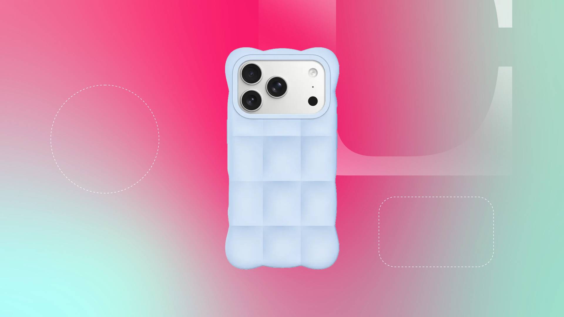 A blue iPhone 18 Pro case against a green/red gradient CNET background.