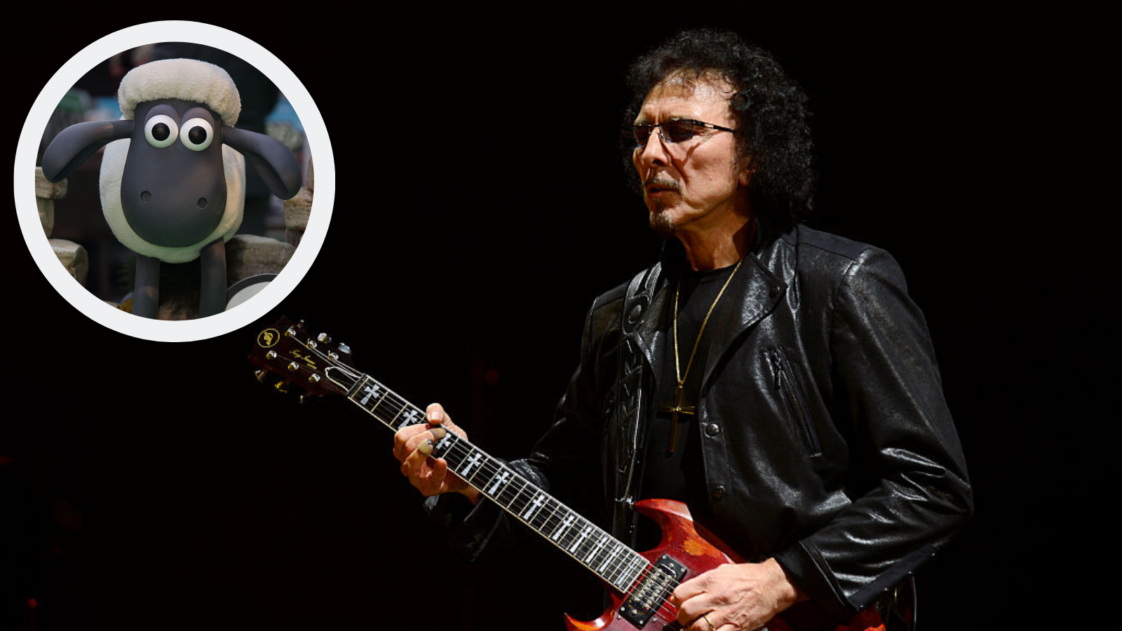 Tony Iommi of Black Sabbath, with an inset of Shaun the Sheep.