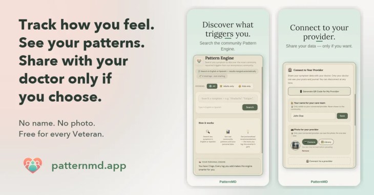 PatternMD app graphic promoting a free tool for Veterans to track health patterns, identify triggers, and optionally share information with a health care provider while maintaining privacy.