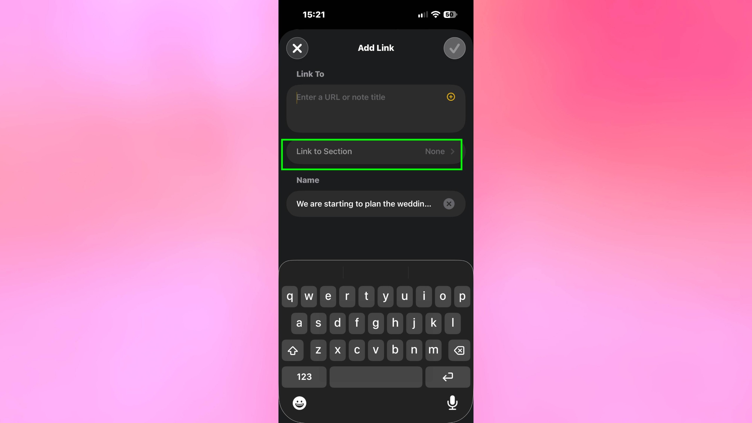 Link to Section in iOS 27 Notes highlighted