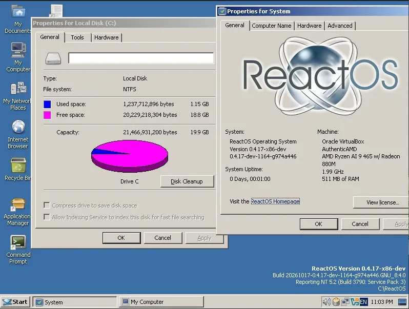 A ReactOS screenshot showing off its new NTFS support