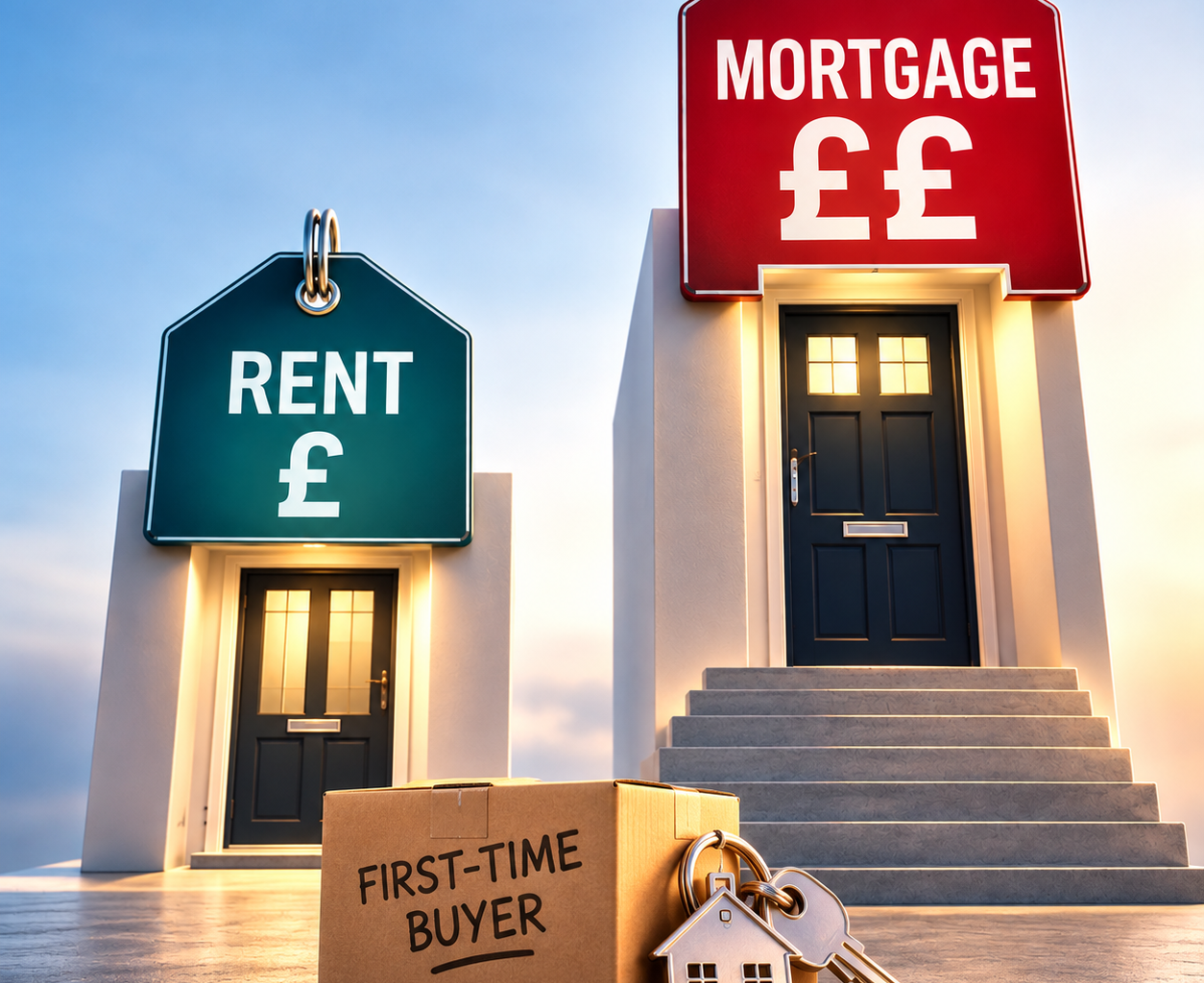 Rent and mortgage price tags above two homes, illustrating higher monthly mortgage costs for first-time buyers.