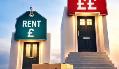 Rent and mortgage price tags above two homes, illustrating higher monthly mortgage costs for first-time buyers.
