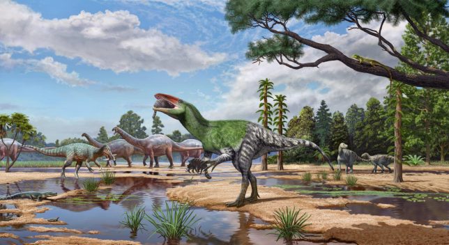 EMBARGOED TO 0001 WEDNESDAY OCTOBER 14 Undated handout artist impression issued by University College London (UCL) of theropod dinosaur, Invictibellatrix amberina. A new species of dinosaur has been discovered from a fossil found on the Isle of Wight which has been 