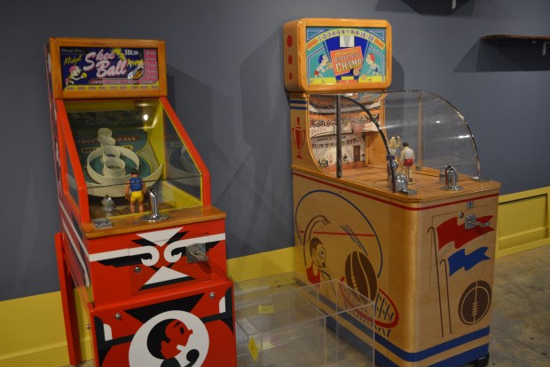Among the vintage Boardwalk games on display in the Santa Cruz Museum of Art & History are a pair of electromechanical Skee-Ball and basketball games. Designed by Chicago Coins, these types of games were very popular in a races before the advent of electronic video games. (Nick Sestanovich Santa Cruz Sentinel)