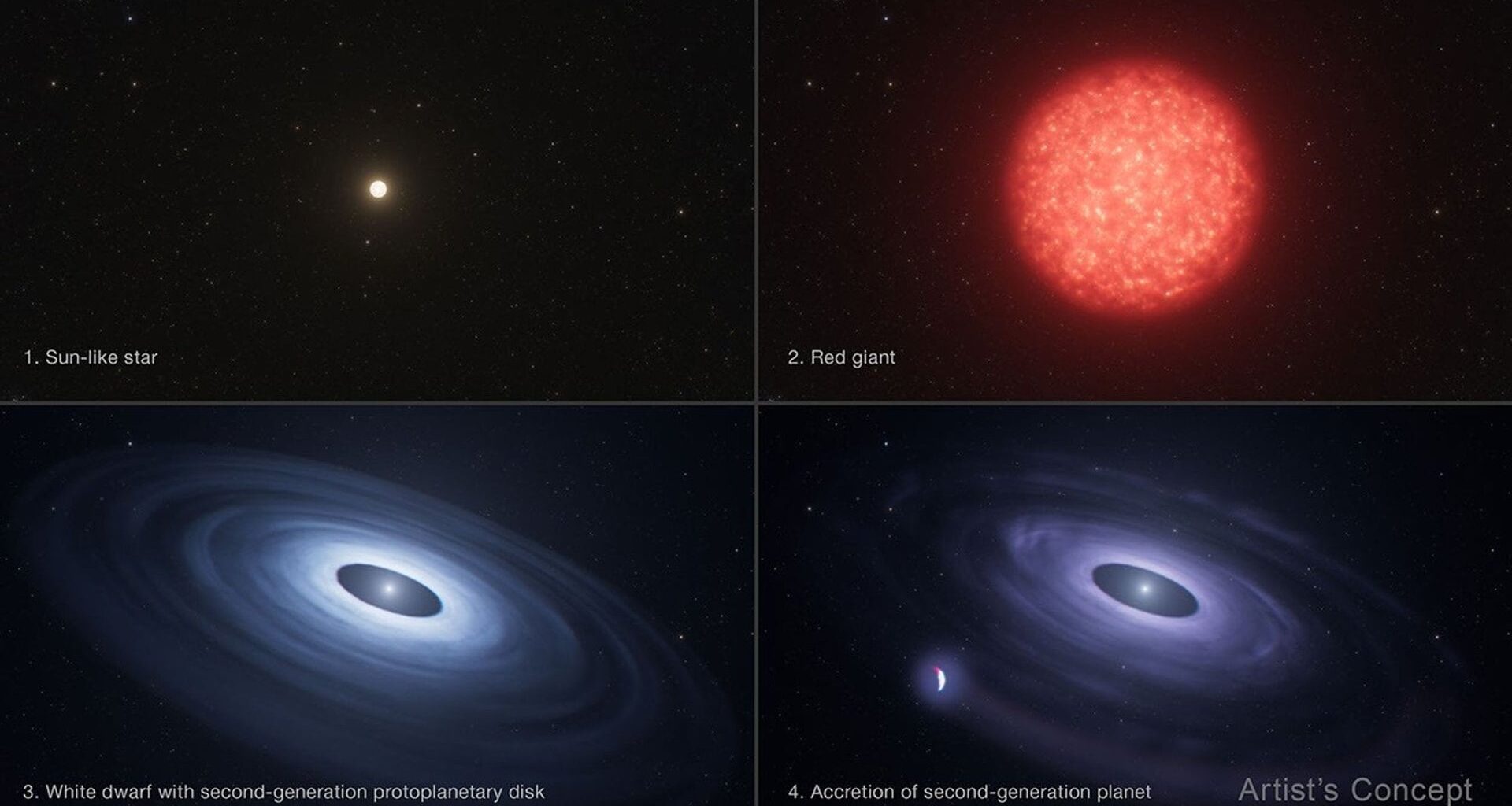 This artist’s concept imagines the evolution of a Sun-like star (1) into an aging red giant (2) and then a small, bright white dwarf surrounded by a disk of its expelled outer layers (3), from which a second-generation planet forms (4). Credit: NASA/ESA/Leah Hustak (STScI)