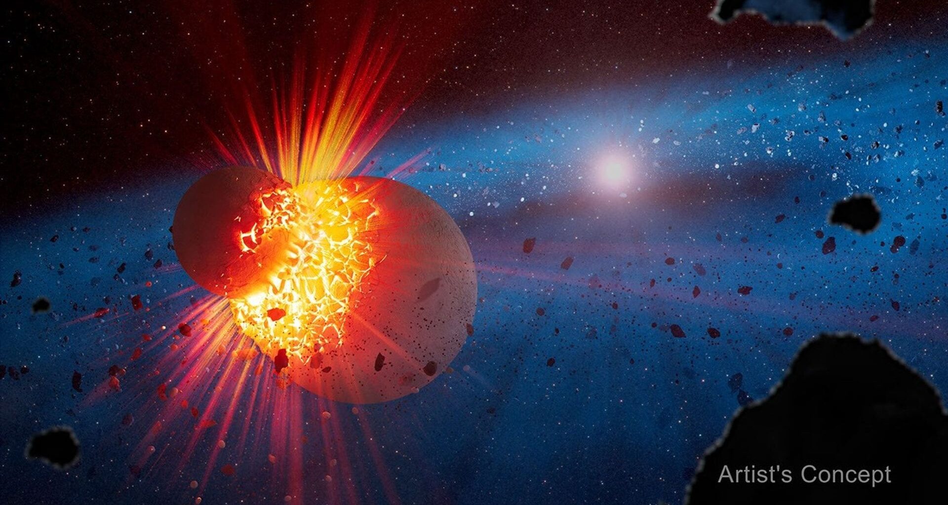 The types of collisions within young stellar systems known as extreme debris disks are relevant to scientists’ understanding of our own solar system, which is thought to have undergone similar impact events that created our Moon and shaped Earth’s initial state. Credit: NASA/ESA/CSA/Joseph Olmsted (STScI)