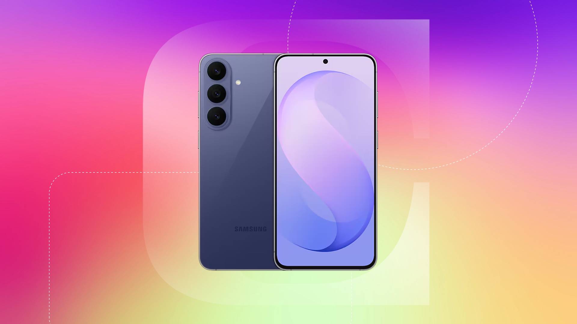 A blue Samsung Galaxy S26 phone against a red/orange/purple gradient CNET background.