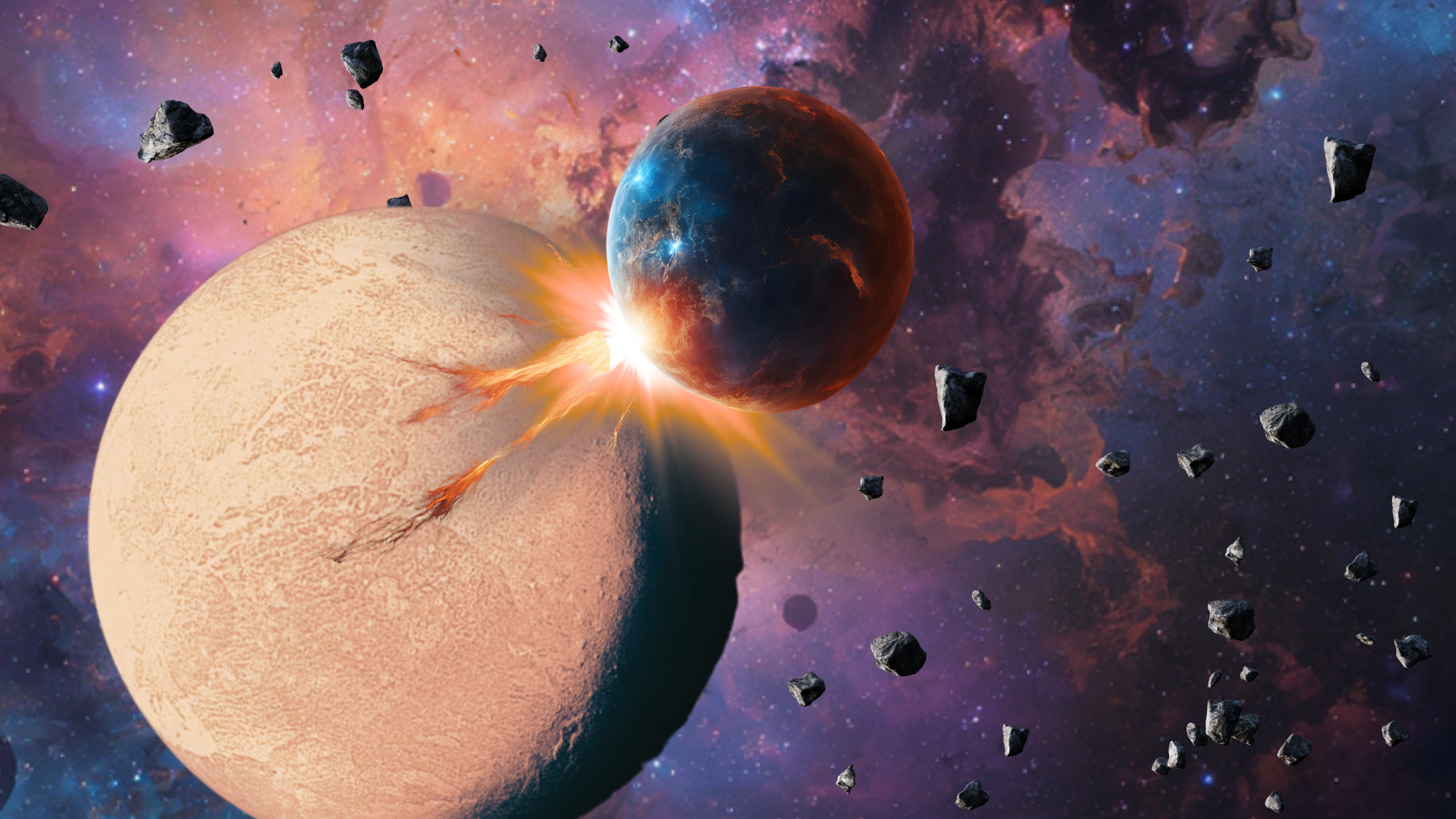 A light brown sphere collides with a small dark blue sphere surrounded by irregularly shaped rubble