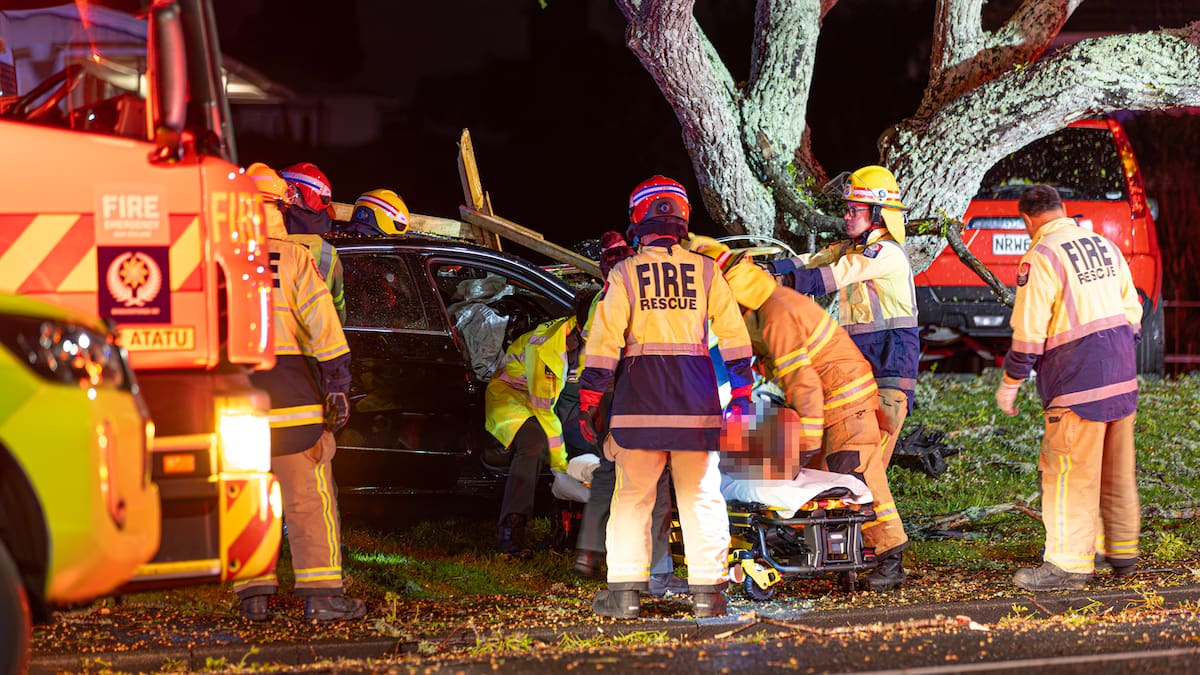 Te Atatū crash: Two people seriously injured after car hits election signs in West Auckland
