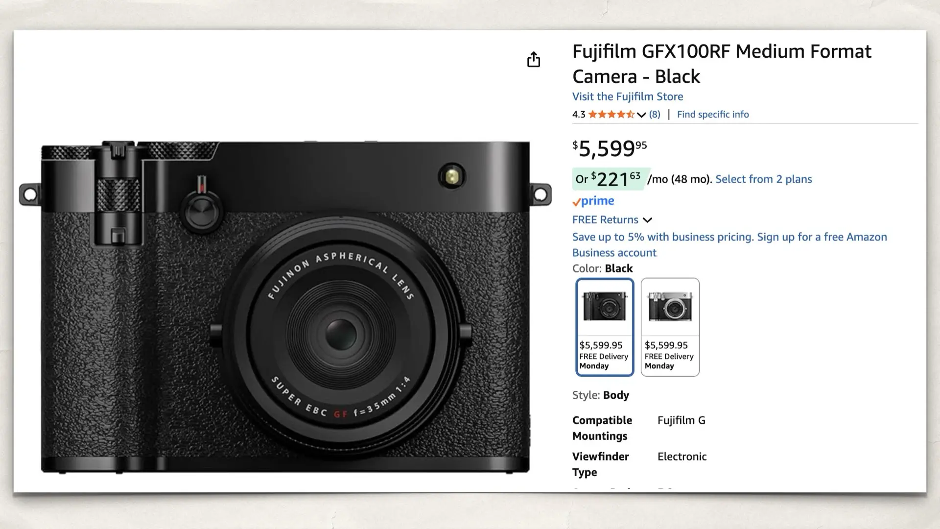 Fujifilm GFX100RF Medium Format Camera on Amazon