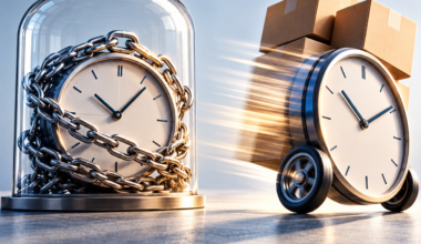 Chained clock beside a moving clock and boxes, symbolising landlords' choice between holding on and selling rental property.