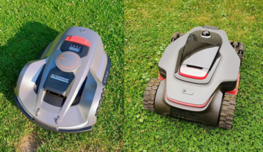 The Sunseeker Elite X7 Plus Gen 2 and Mova LiDAX Ultra 2000 AWD robot lawn mowers side by side.