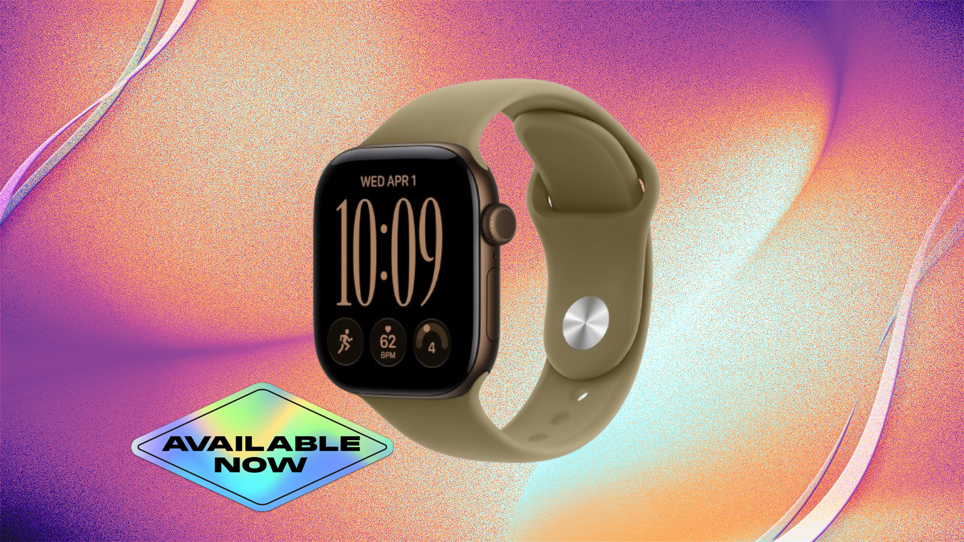 Apple Watch Series 12 in bronze aluminum case with olive sport band against orange and purple CNET background.