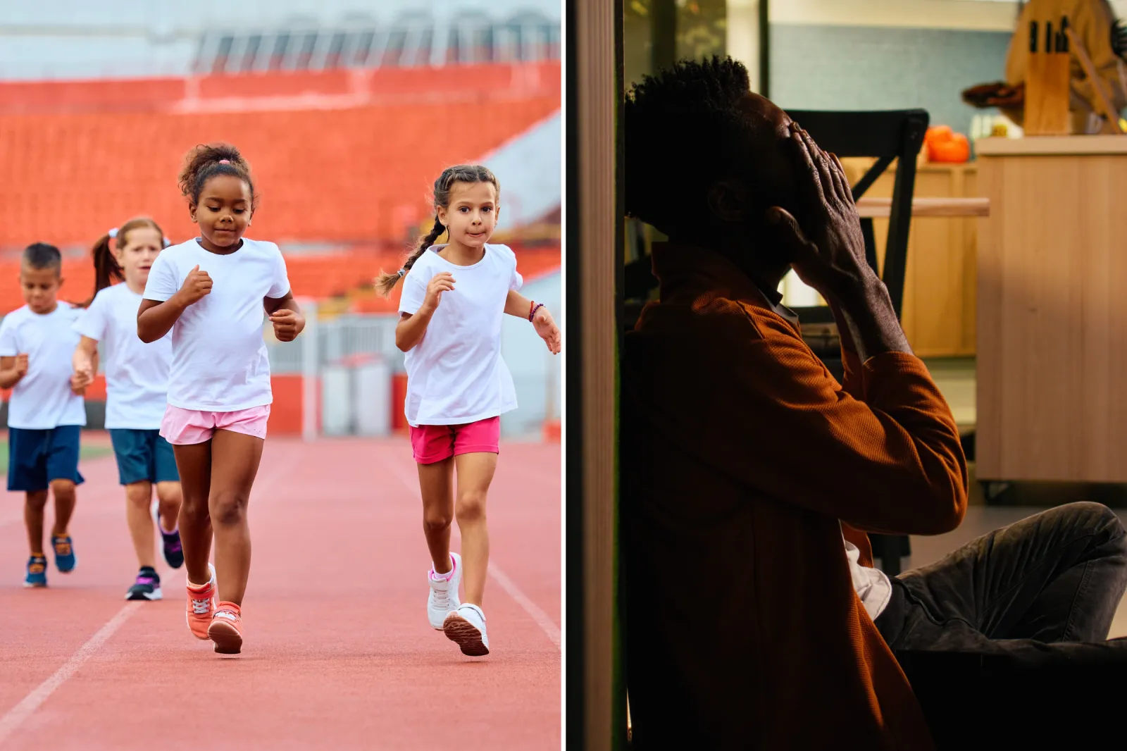 Stock images show children running on a track and a man leaning against a wall and covering his face.