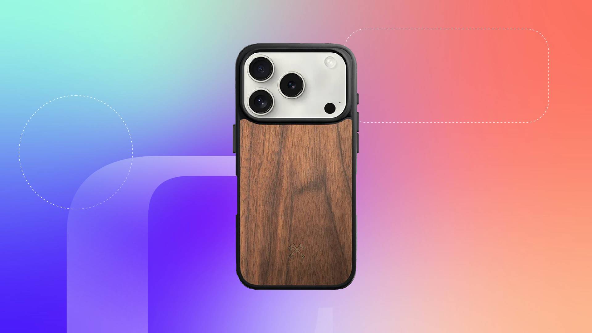 A wood iPhone 18 Pro case against a blue, green and orange gradient CNET background.