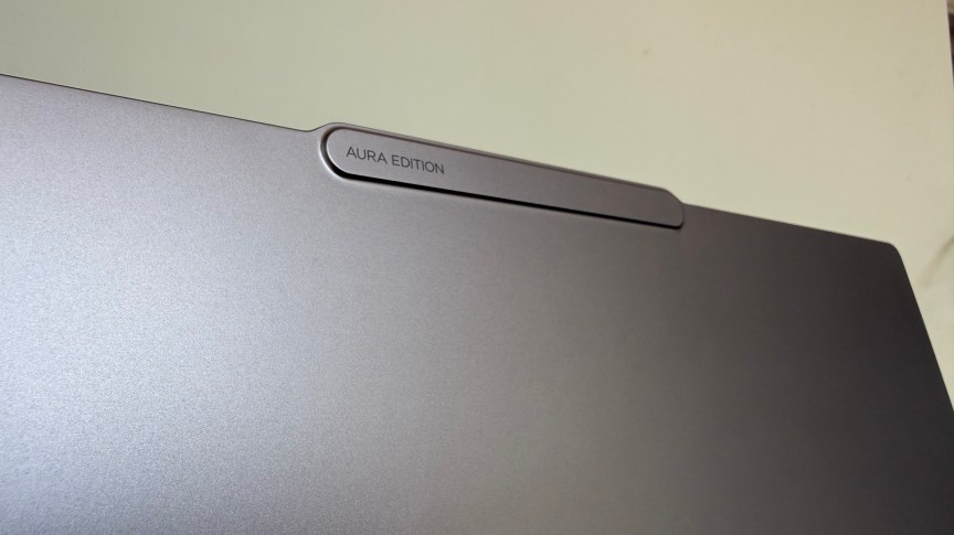 The Aura Edition labeling on the clamshell's webcam bump.