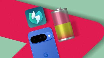 A blue smartphone, the Battery Guru app icon, and a 3D battery on a red and green geometric background.