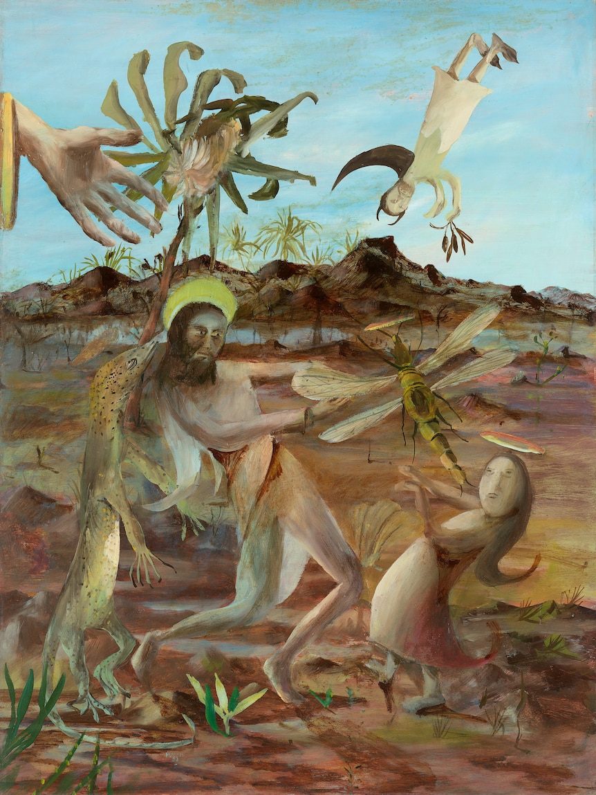 A modernist painting of a saint, fighting off a haloed goanna, a giant dragonfly and a horned angel.