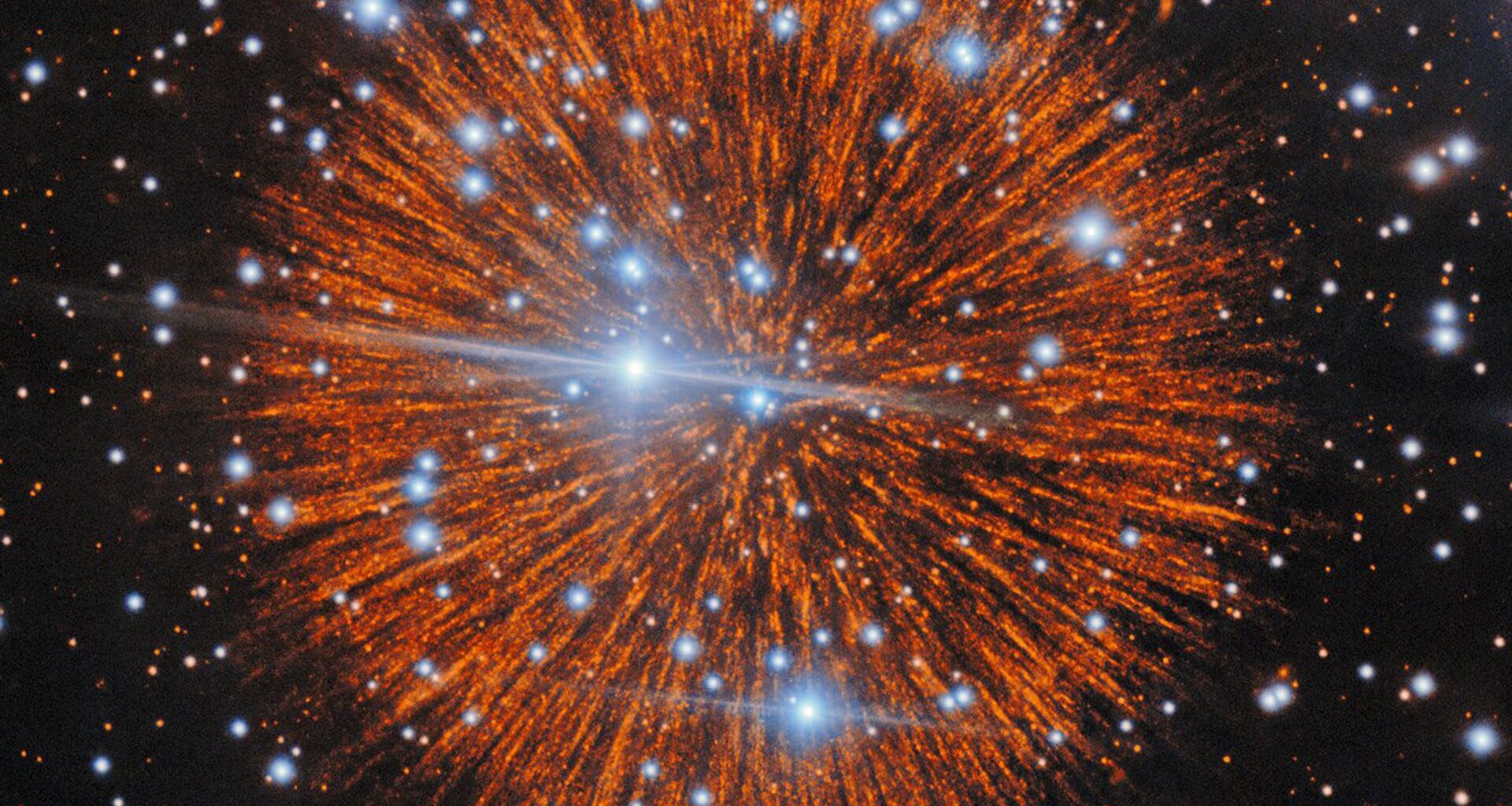 A glowing ball with orange streaks is seen in deep space