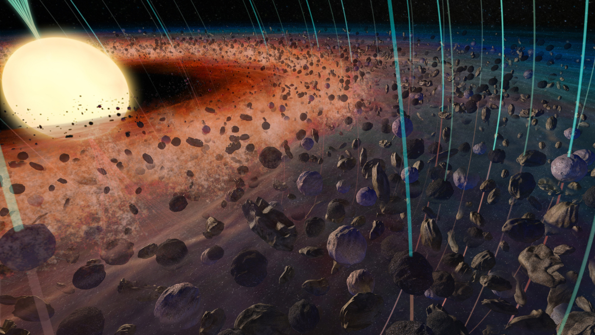 A golden sphere surrounded by irregular spherical rocky orbs