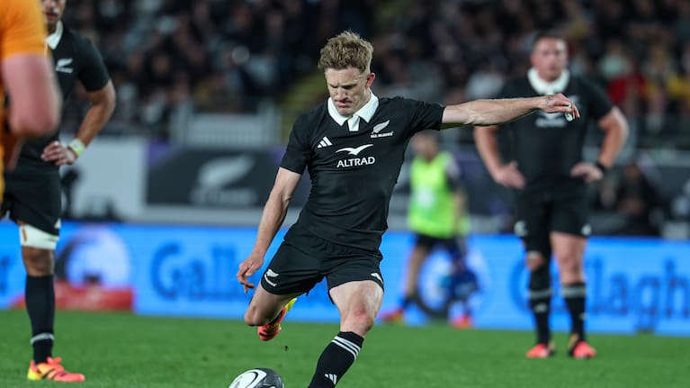 All Blacks first-five Damian McKenzie kicks a goal in the first Bledisloe Cup Test against the Wallabies at Eden Park.