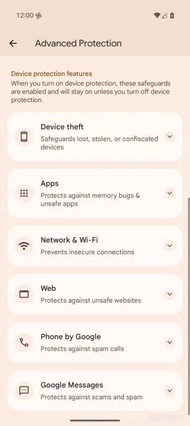 A screenshot of Android 16's Advanced protection mode live in QPR1 Beta 1.