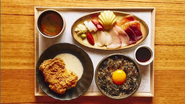 The lunch set at King Clarence: Korean fried chicken, sashimi platter, tamago kake gohan, house-made pickles and miso soup. 
