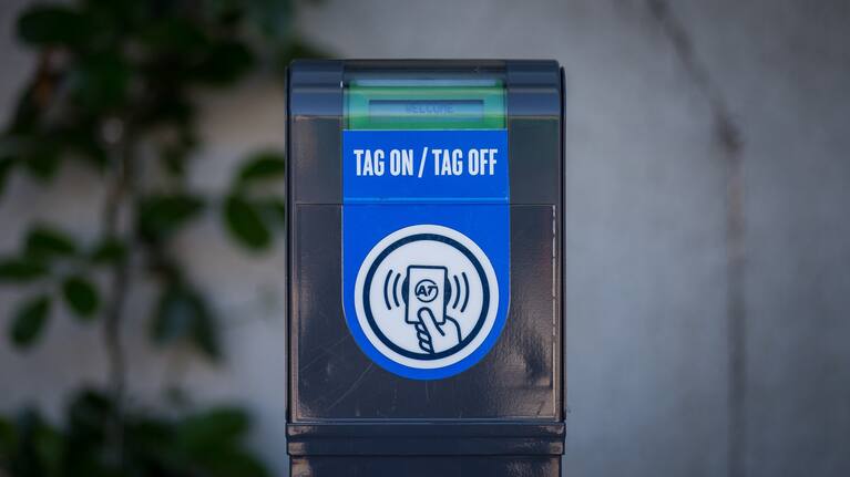 A fare card reader at an Auckland train station. The AT Hop card works on all buses, trains and ferries in the city.