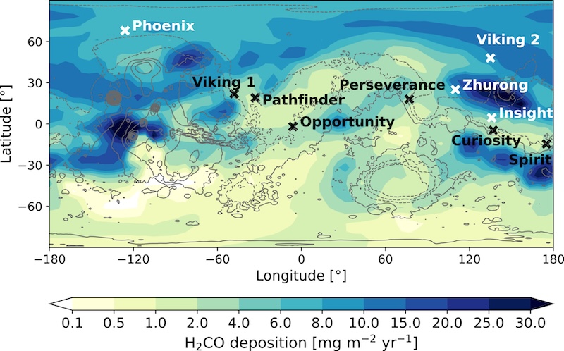 Ancient rains on Mars: Map in shades of yellows and blues, with some spots marked by black and white Xs with labels.