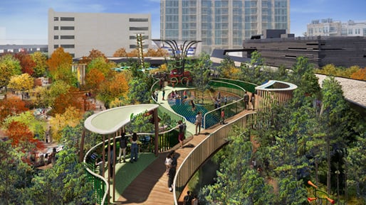 Rendering of the Forest Lookout and elevated treetop walkway in the Perot Museum's planned outdoor expansion. Image courtesy of Perot Museum of Nature and Science.