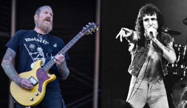 Brent Hinds and Bon Scott onstage (composite image)