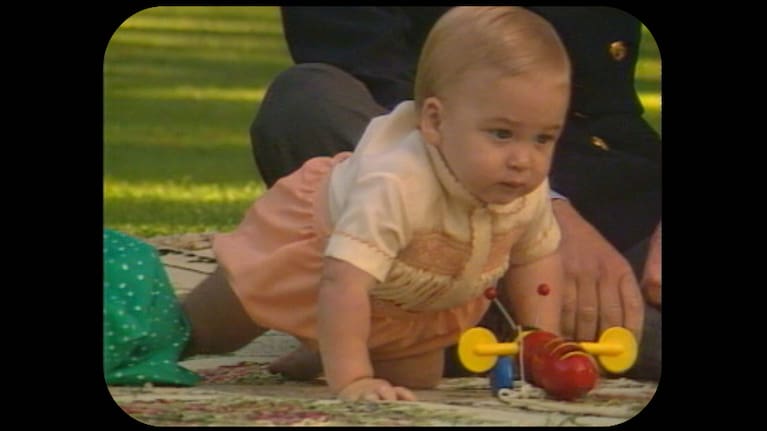 The Waleses and baby Prince William with iconic buzzy bee toy at Government House, Auckland.