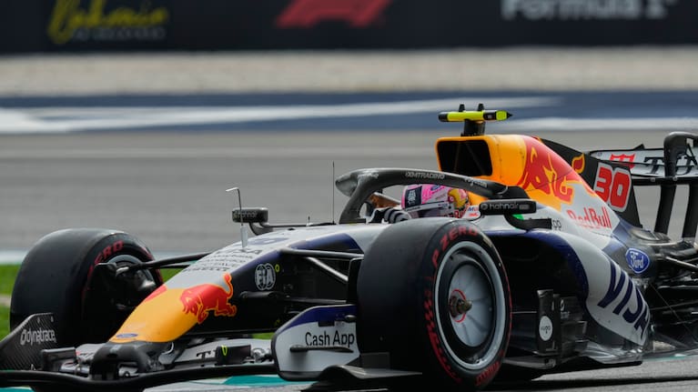 Racing Bulls driver Liam Lawson of New Zealand steers his car during the second practice session ahead of the Bahrain Grand Prix in Sepang, Malaysia