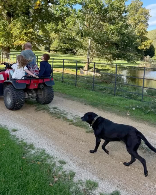 Children on an ATV ride along a gravel path with a black dog walking nearby and a scenic landscape in the background.