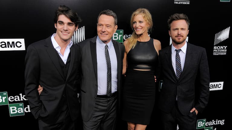 Breaking Bad cast members RJ Mitte, from left, Bryan Cranston, Anna Gunn and Aaron Paul