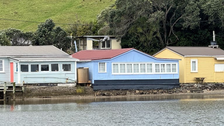 Brian Meadows' white home with grey roof at the rear of this photo is part of this cluster of historical baches built on road reserve at Whananaki North.