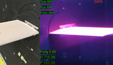 Side‑by‑side images showing a wing-like test article mounted in a wind tunnel. The left image displays the pale, unlit test article attached to instrumentation inside the tunnel. The right image shows the same article under aerodynamic heating, glowing bright pinkish‑purple as test data parameters appear around it, including readings for pressure, temperature, Mach number, and angle of attack.