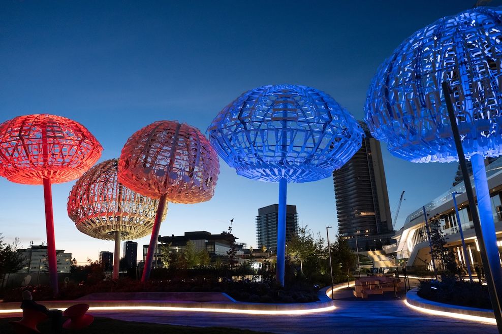 bush capsules mushrooms public art sculptures oakridge park vancouver 