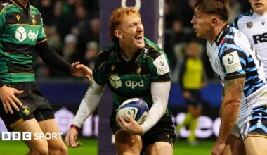 Northampton's George Hendy celebrates scoring against Cardiff