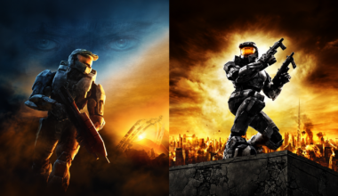 Side-by-side artwork from Halo 2 and Halo 3, featuring Master Chief holding a rifle against a blue and orange battlefield on the left and dual-wielding weapons above a burning city on the right.