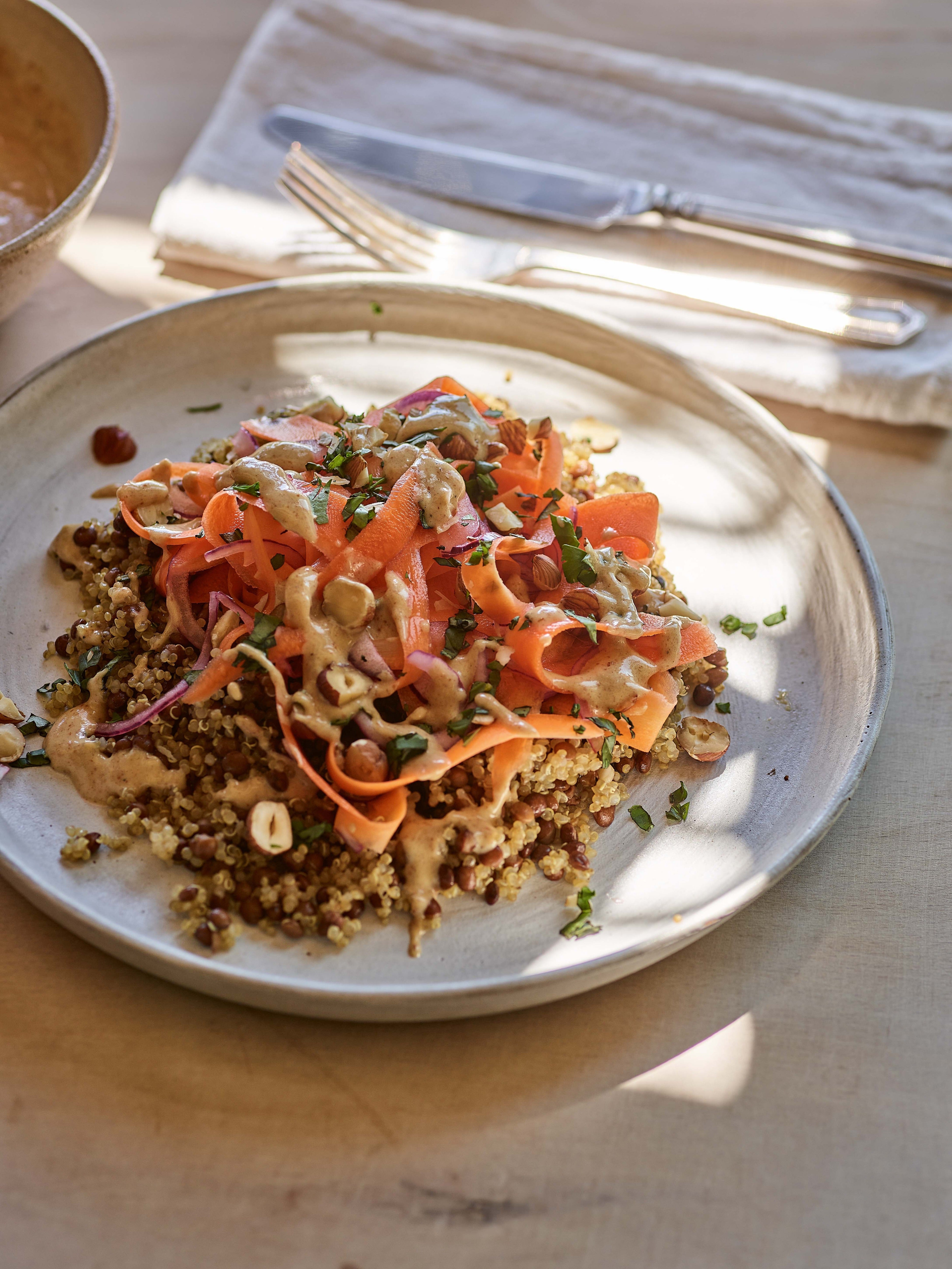 Quinoa, lentils, carrots and nuts combine in a salad that delivers 13g of fibre per serving