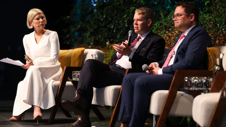 Chris Hipkins and Labour's local government spokesman, Tangi Utikere, at the LGNZ SuperLocal Conference in Rotorua.