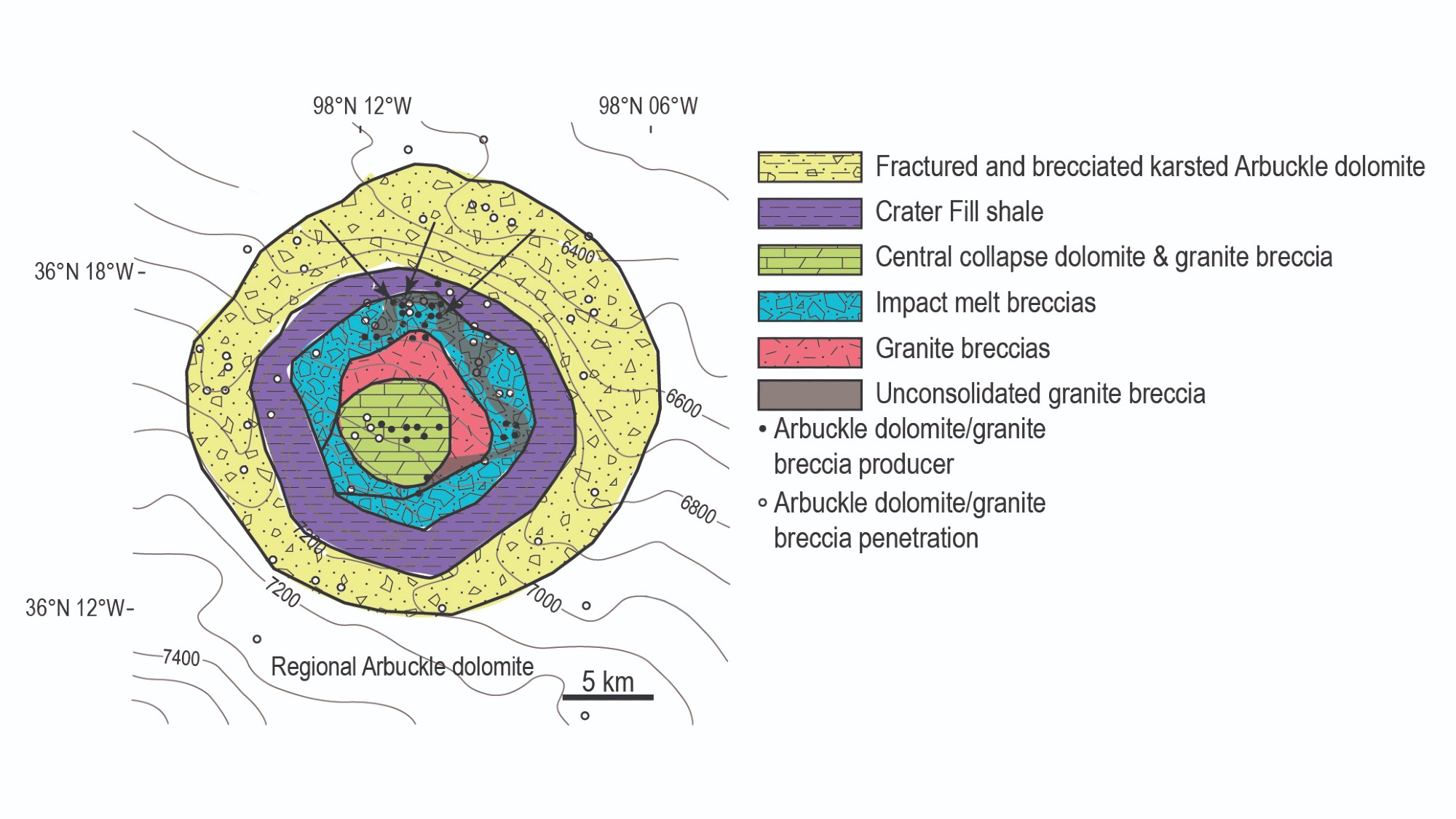 A geological map of the Ames crater, showing the different kinds of rock and the locations where fossil fuels are being mined