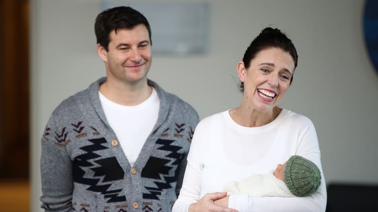 Clarke Gayford and Jacinda Ardern meet journalists after the birth of daughter Neve.