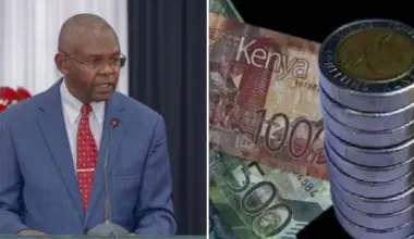 A photo collage of Central Bank of Kenya governor Kamau Thugge and shilling notes and coins