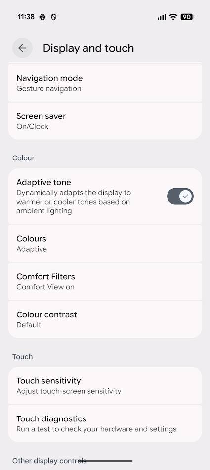 display and touch settings on Pixel